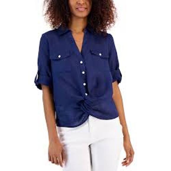 INC Tops - INC Women's Linen Navy Blue Nautical Twist-Hem Blouse 2X
